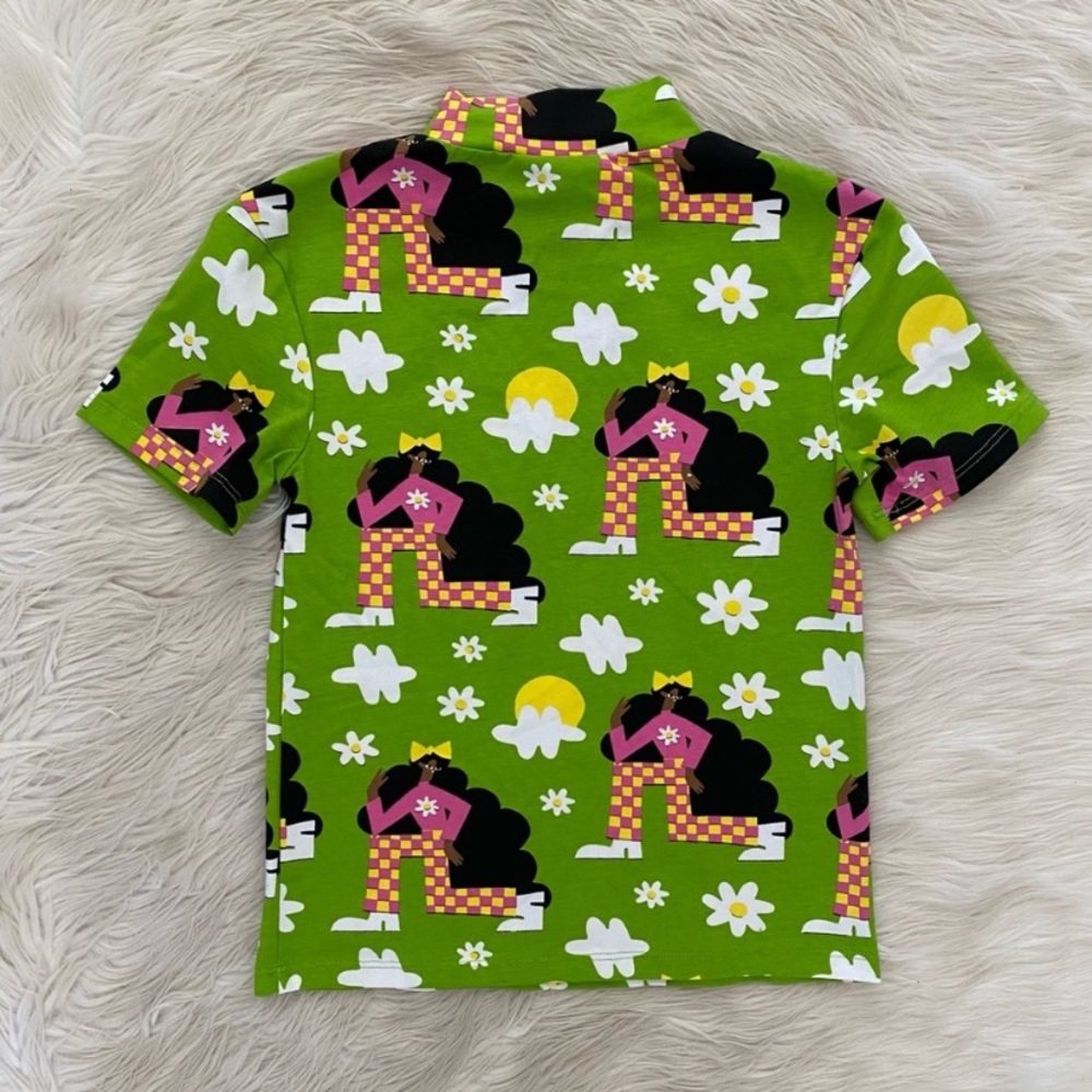 Nooworks Green Short Sleeve Mock Neck Pink Groovy Checkered Ladies Shirt Top - Picture 6 of 9